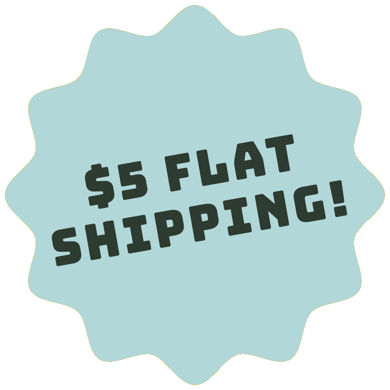 An animated, spinning burst graphic displaying a promo—$5 Flat Shipping!